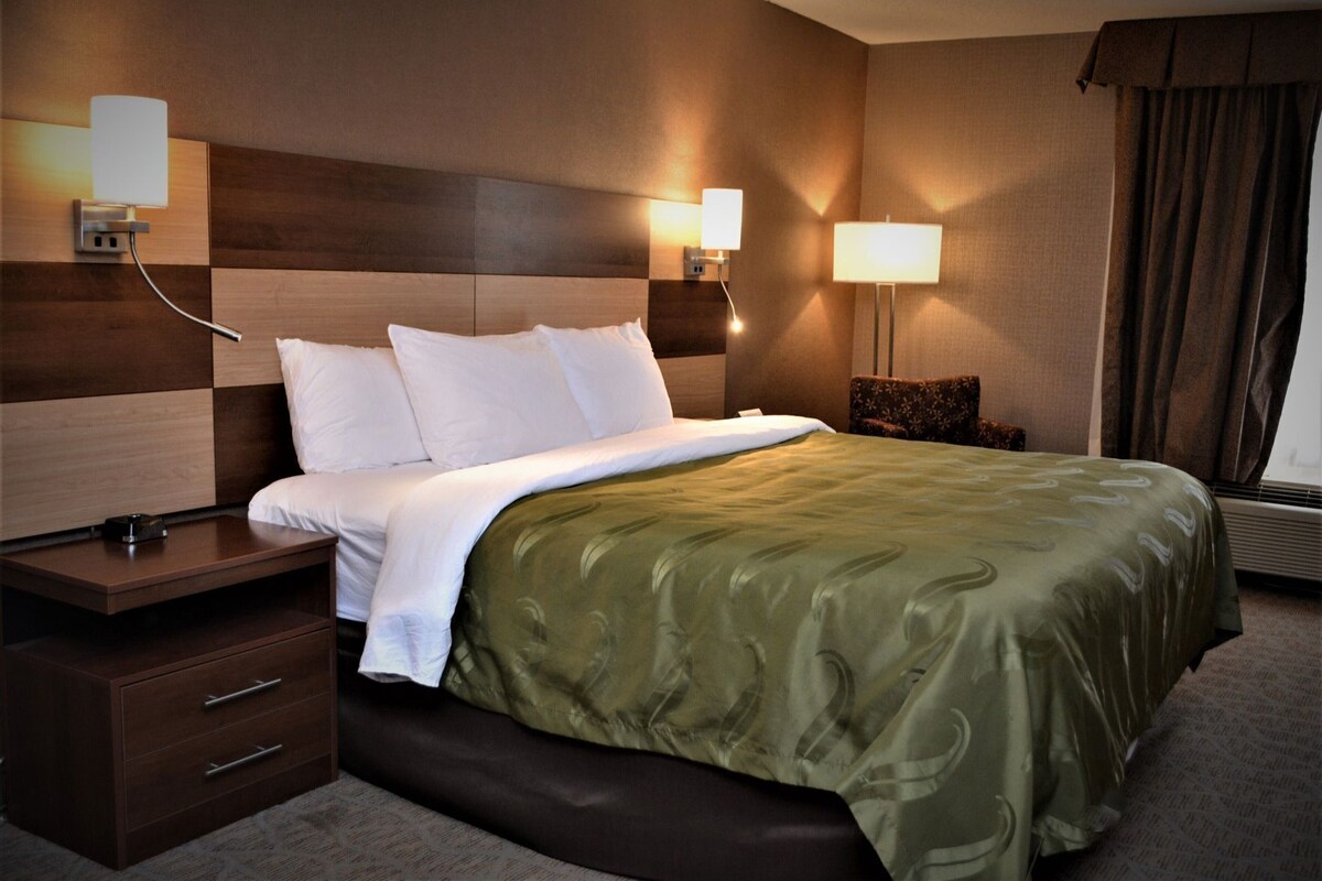 A hotel room with a large bed, bedside tables, lamps, and a view of the outdoors.
