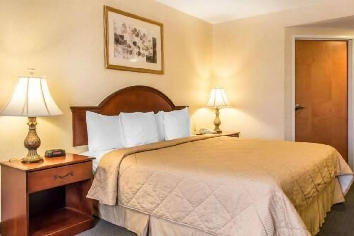 Hotellihuone, jossa on sänky, kaksi yöpöytää valaisimineen, puinen pääty, seinällä oleva kehystetty kuva ja ovi.