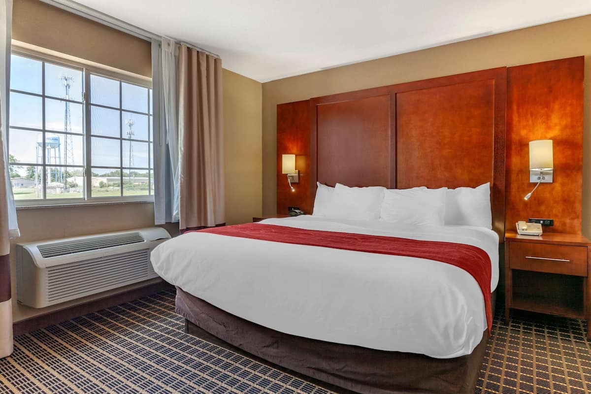 A hotel room with a large bed, a heater, a nightstand with a lamp, and a window with a view of a tower.