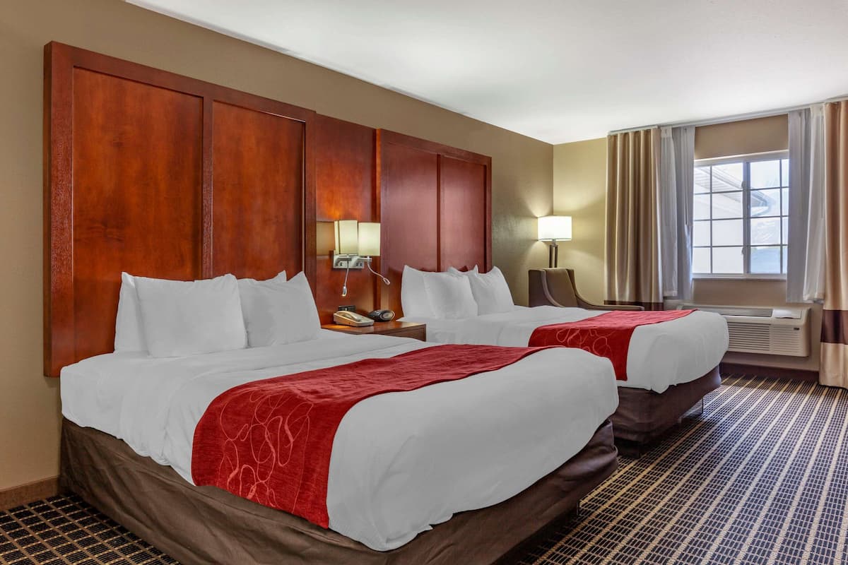 Standard Room, 2 Queen Beds, Non Smoking | In-room safe, desk, laptop workspace, blackout drapes