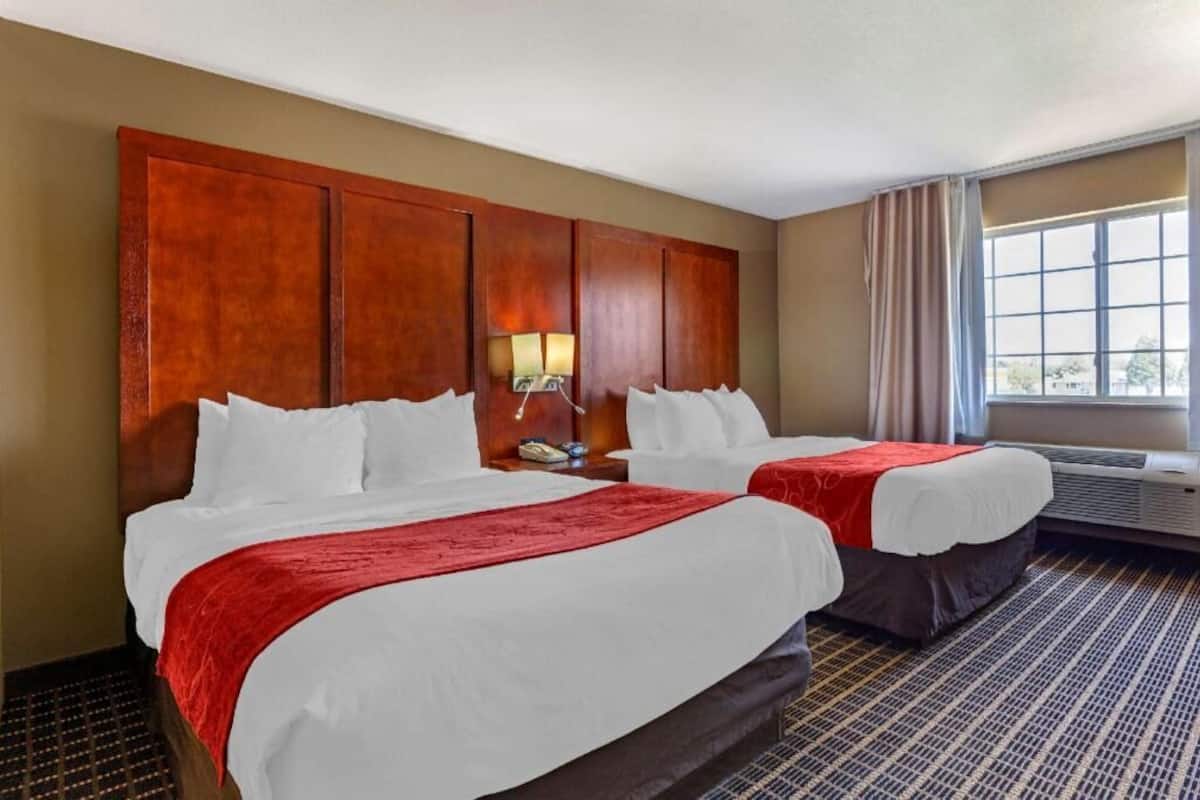 A hotel room with two beds, a large wooden headboard, a nightstand with a lamp, and a window with curtains.