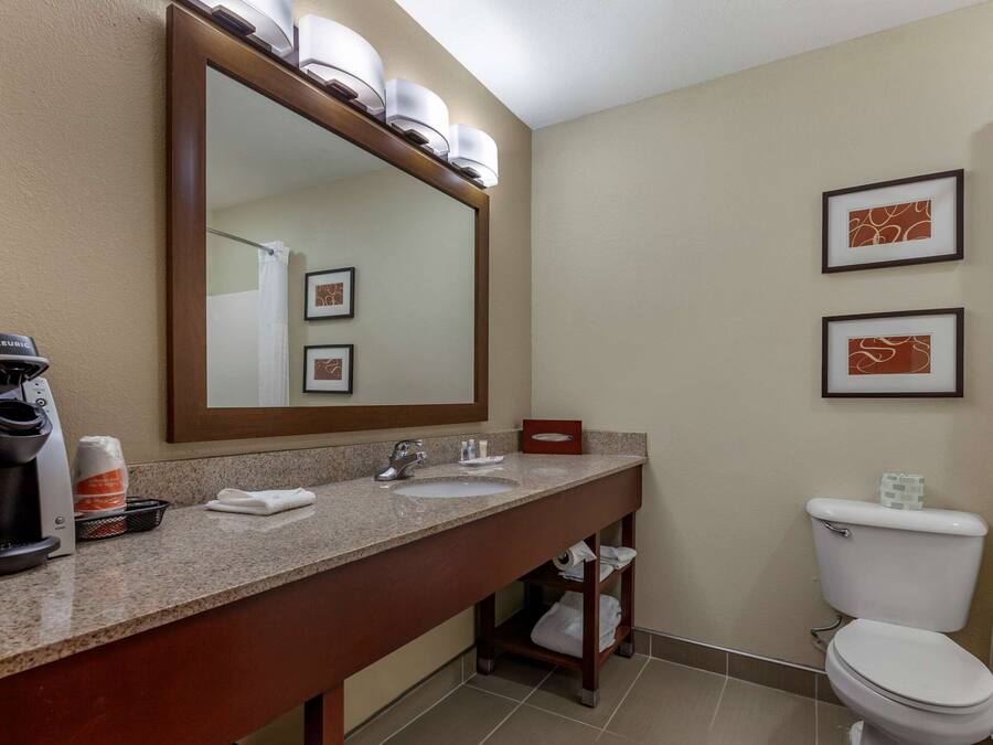 Un baño de hotel con lavamanos doble, un espejo grande, una cafetera y un inodoro.