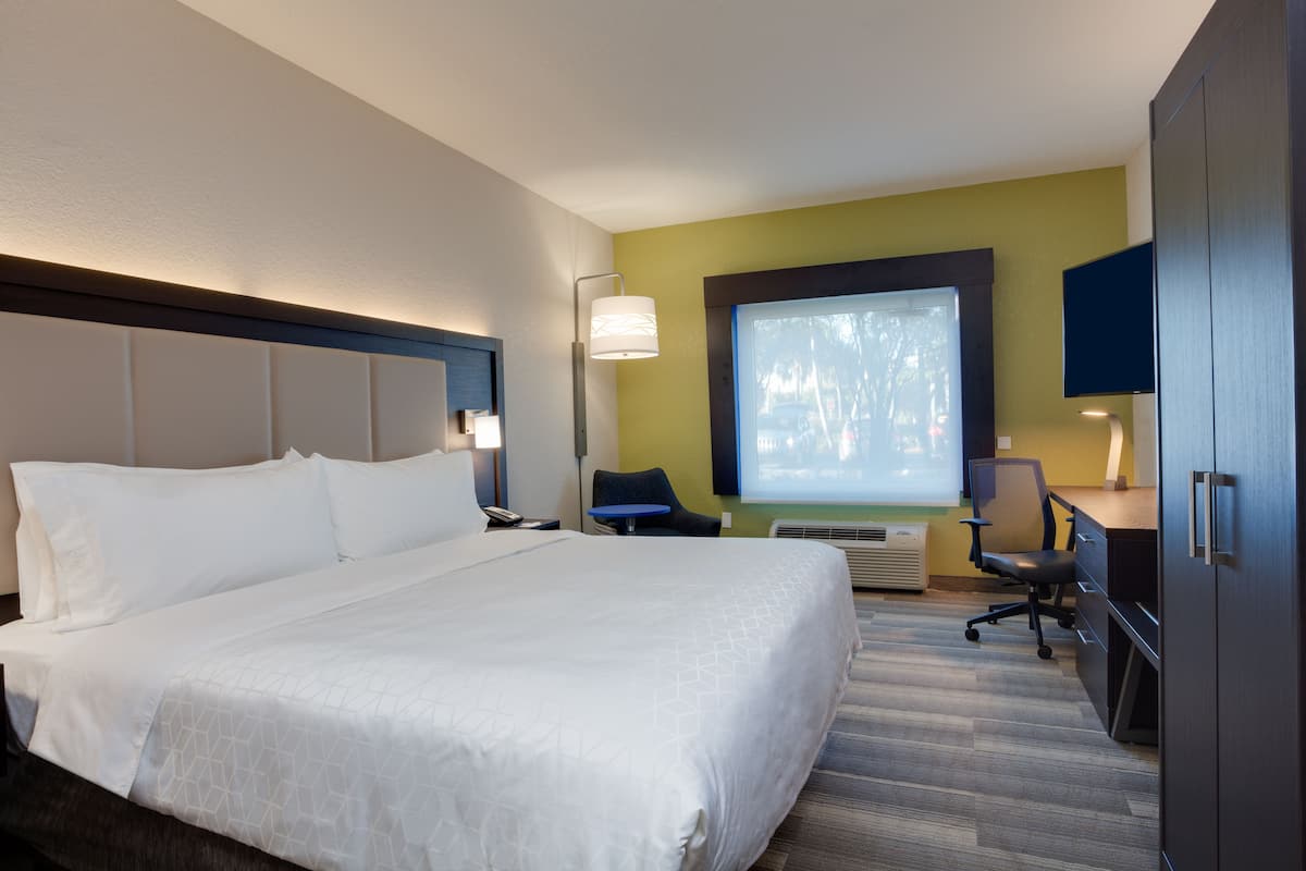 Habitación de hotel con una cama grande, un escritorio, una silla, un televisor y una ventana con vista a árboles.