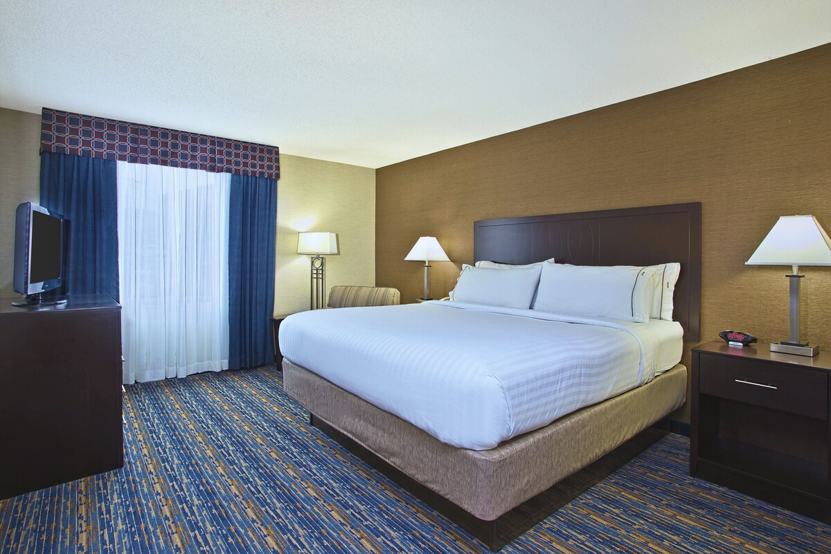 A hotel room with a large bed, two bedside tables, a desk, and a television.