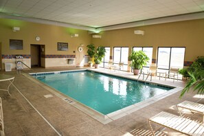 An indoor swimming pool with clear lane markings, a lifeguard chair, and several potted plants.