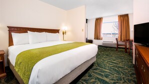 Habitación de hotel con una cama grande, un escritorio, televisor y una ventana con cortinas.