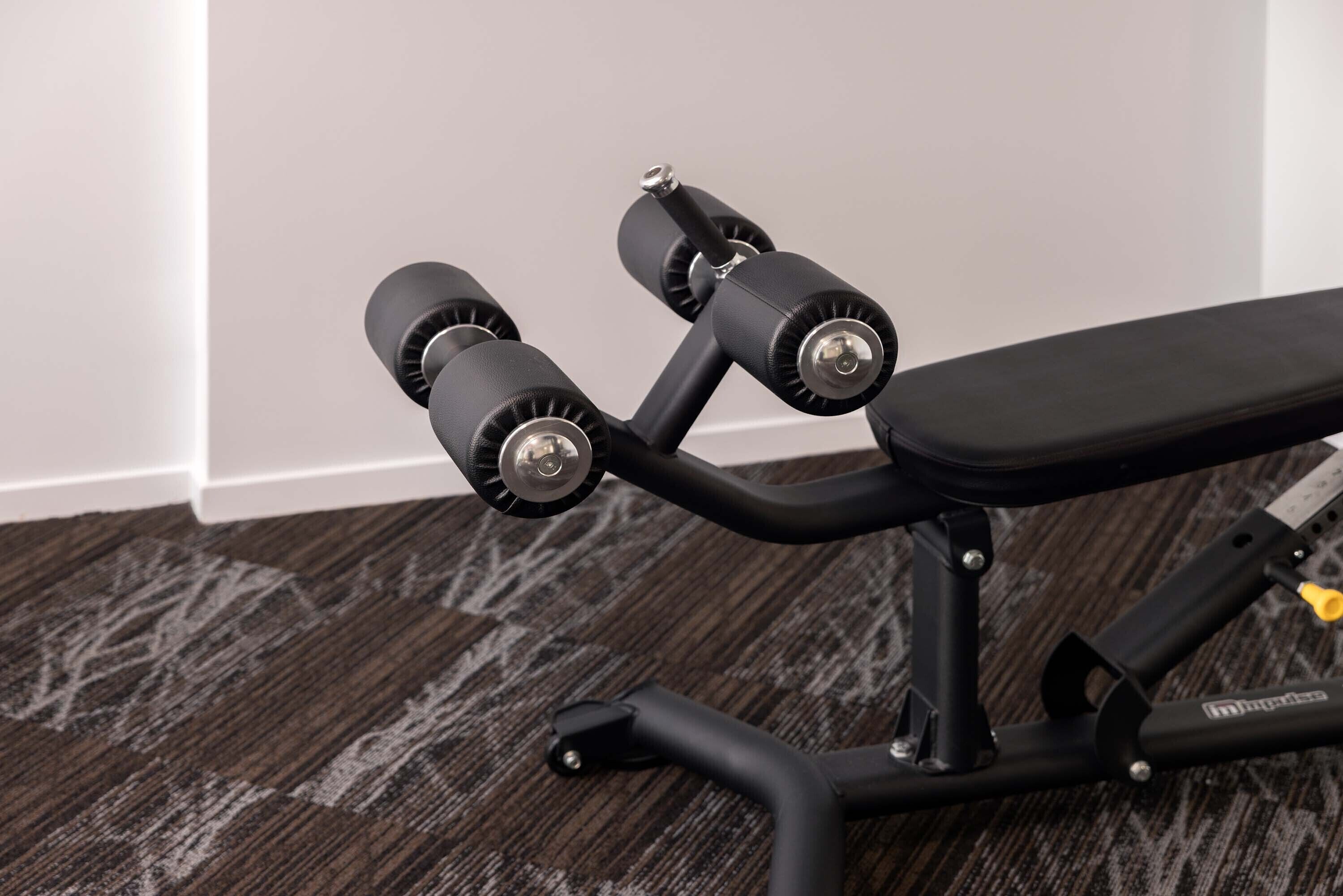 A black exercise bench with adjustable dumbbells.