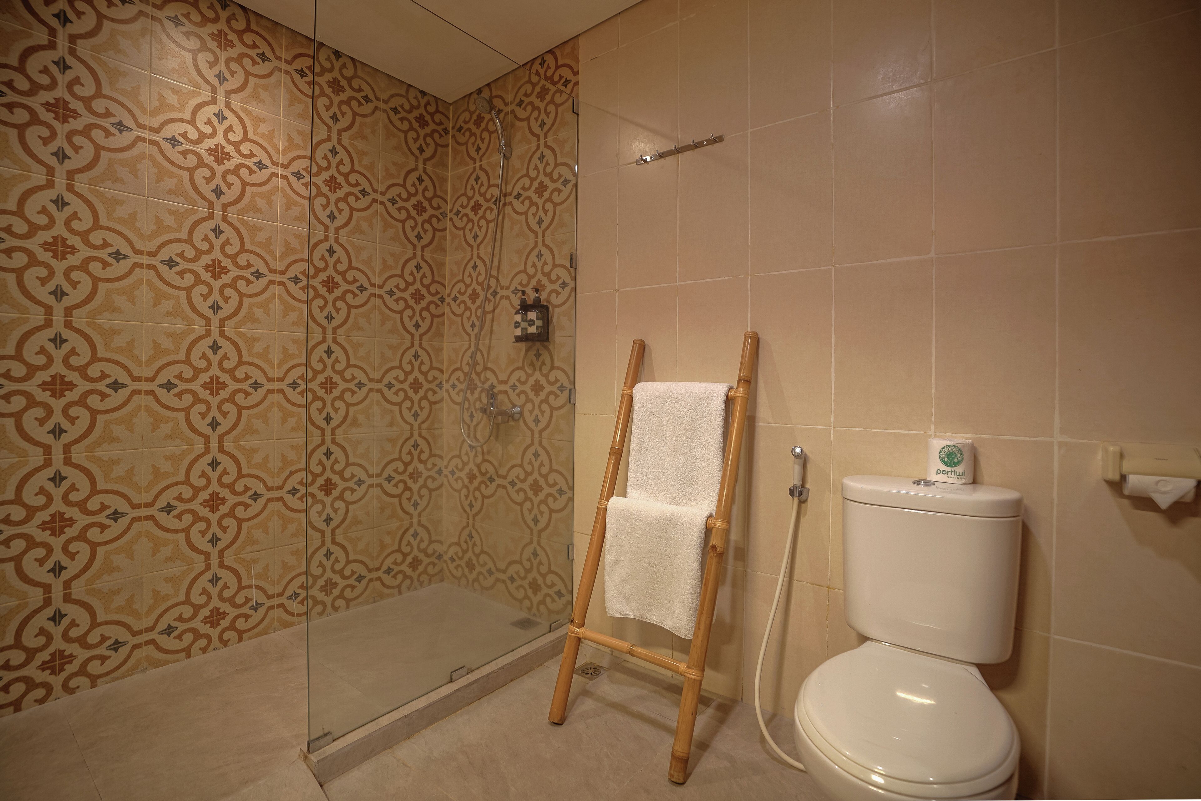 A bathroom with patterned tiles, a glass shower enclosure, a wooden towel rack, and a toilet with a paper towel dispenser.