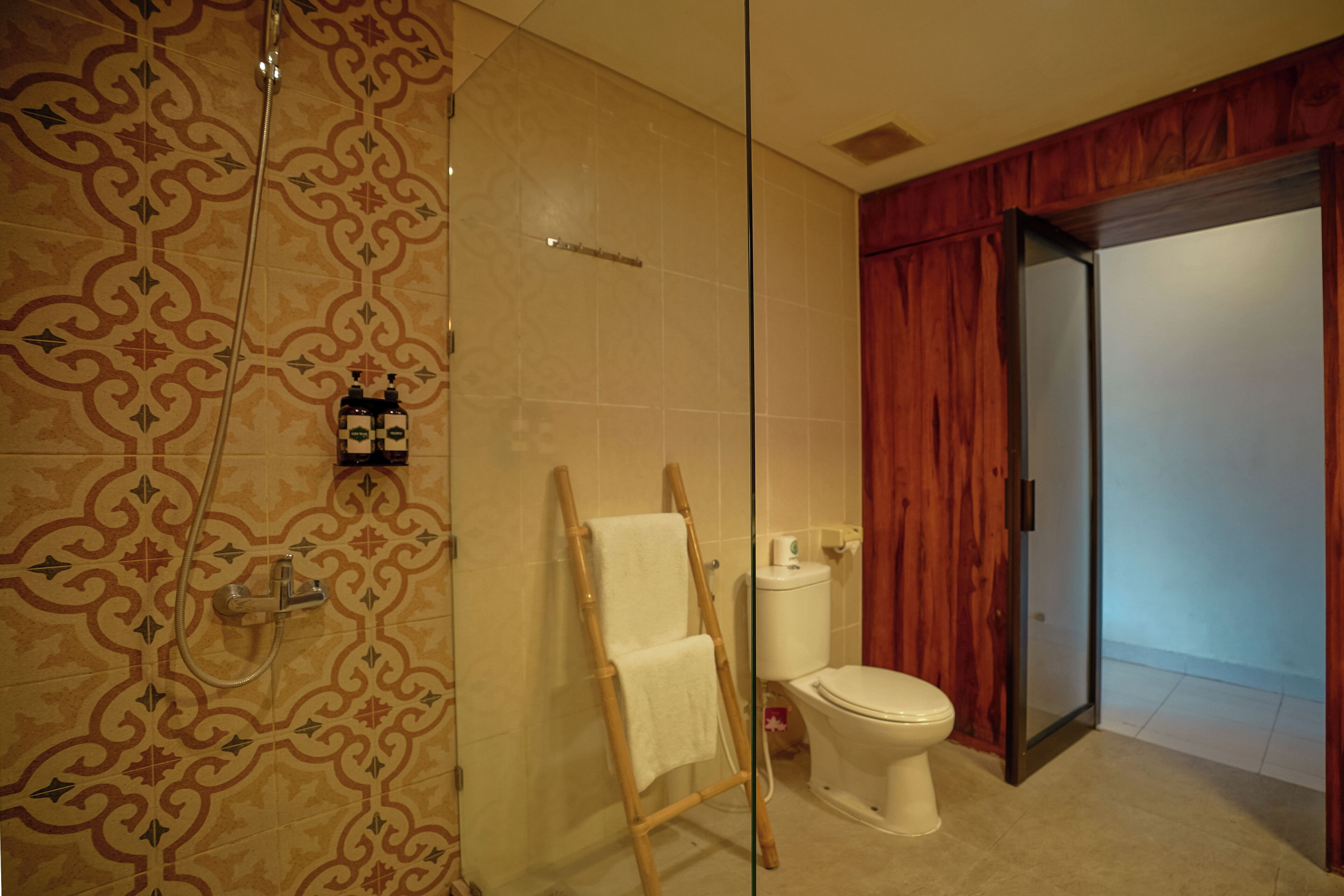 A bathroom with patterned tiles, a shower, a toilet, and a wooden door.