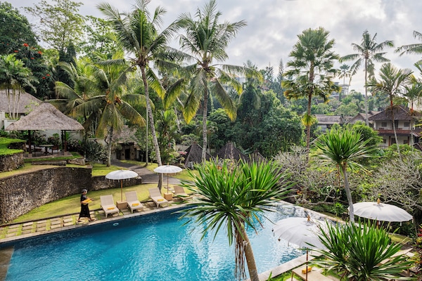 Kolam renang outdoor, dengan payung kolam renang dan kursi berjemur