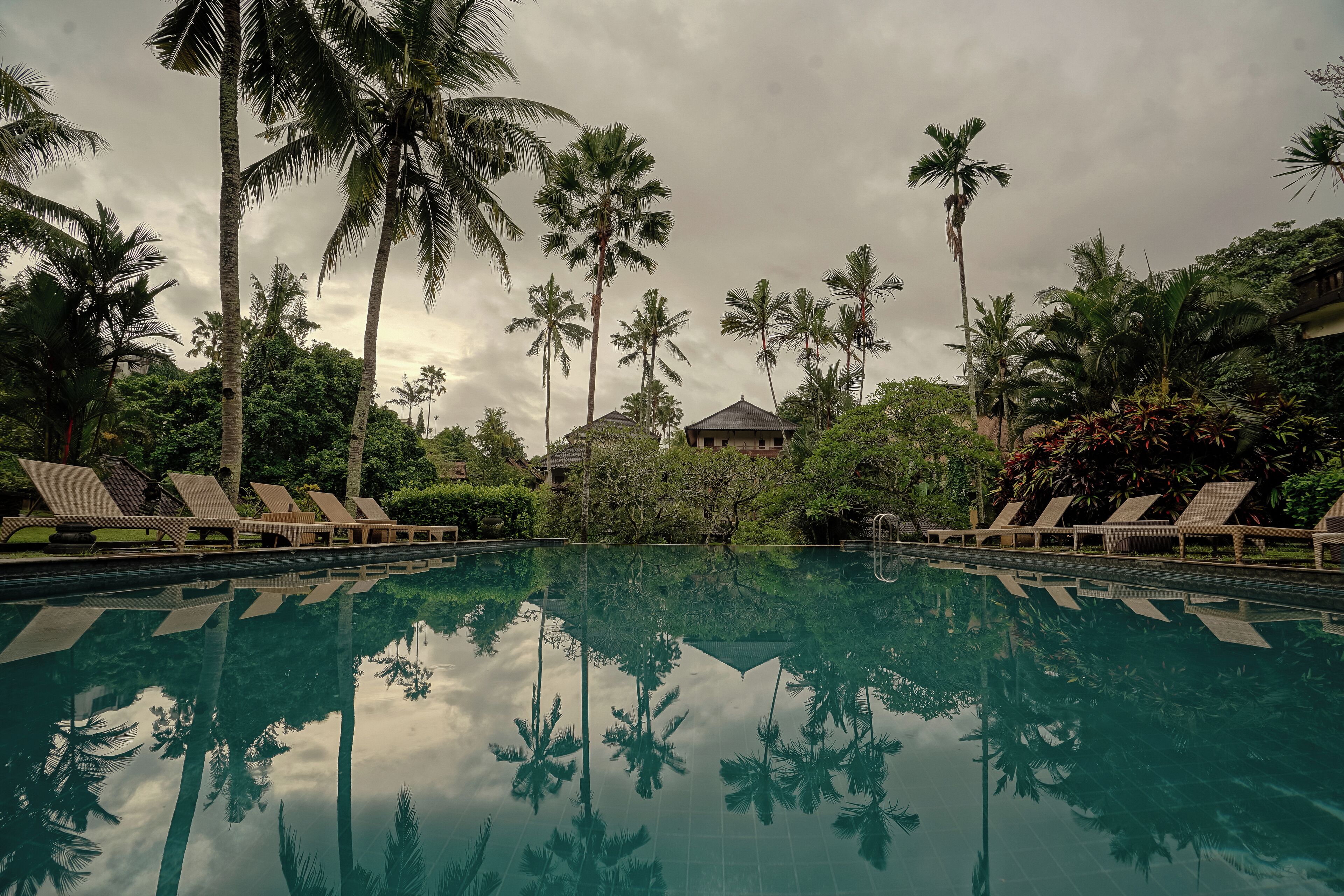 حمّام سباحة خارجي، مظلات على حمّام السباحة، مقاعد للتشمس