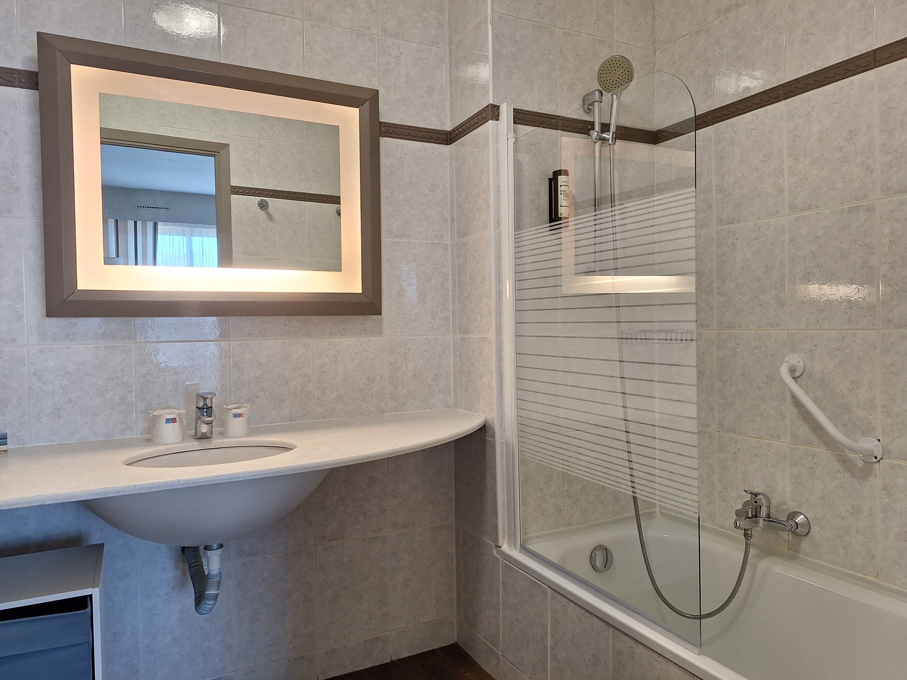 Une salle de bain équipée d’un lavabo, d’un miroir et d’une douche en verre avec un pommeau de douche amovible.