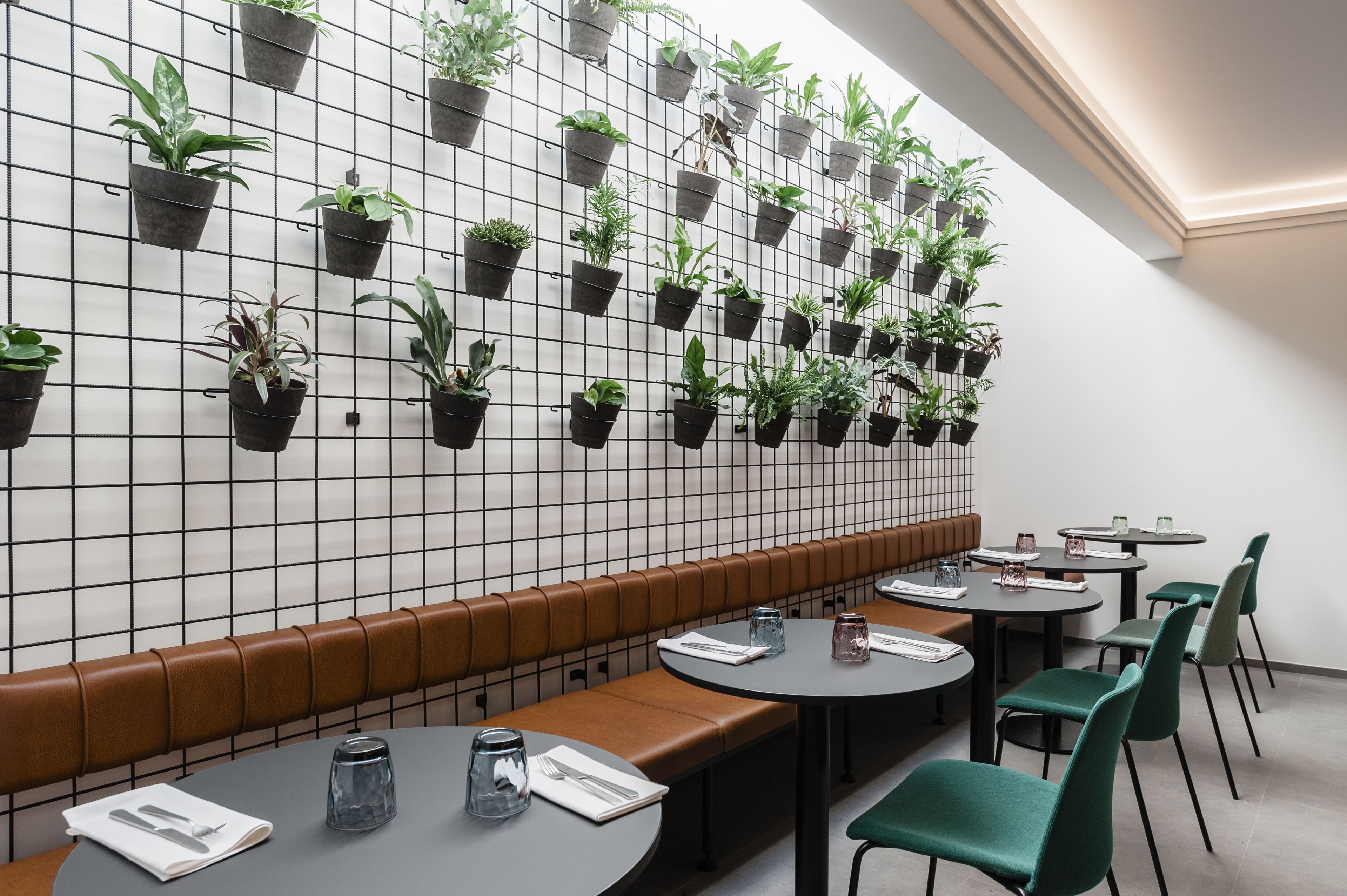 A restaurant with a long bench seating area, multiple tables, and a wall of hanging planters.