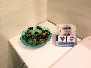 Douche, articles de toilette gratuits, sèche-cheveux, bidet