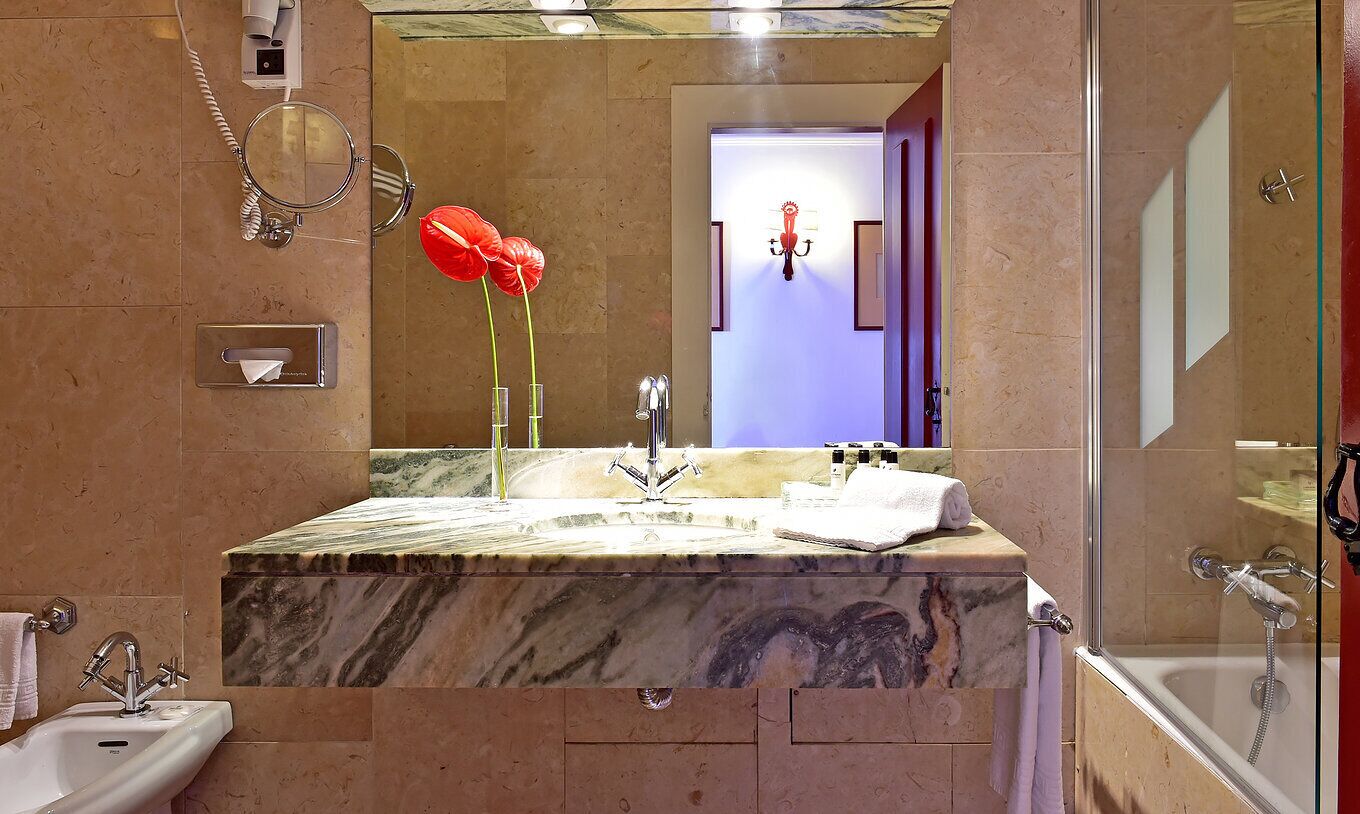 bathtub, eco-friendly toiletries, hair dryer, bidet