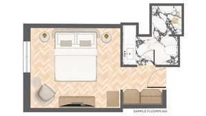 A sample floor plan of a hotel room with a bed, bedside tables, a seating area, a bathroom, and a small closet. - ATHENA Pallas (Athens)