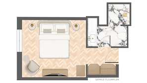 A sample floor plan of a hotel room with a bed, bedside tables, a seating area, a bathroom, and a small closet. - ATHENA Pallas (Athens)
