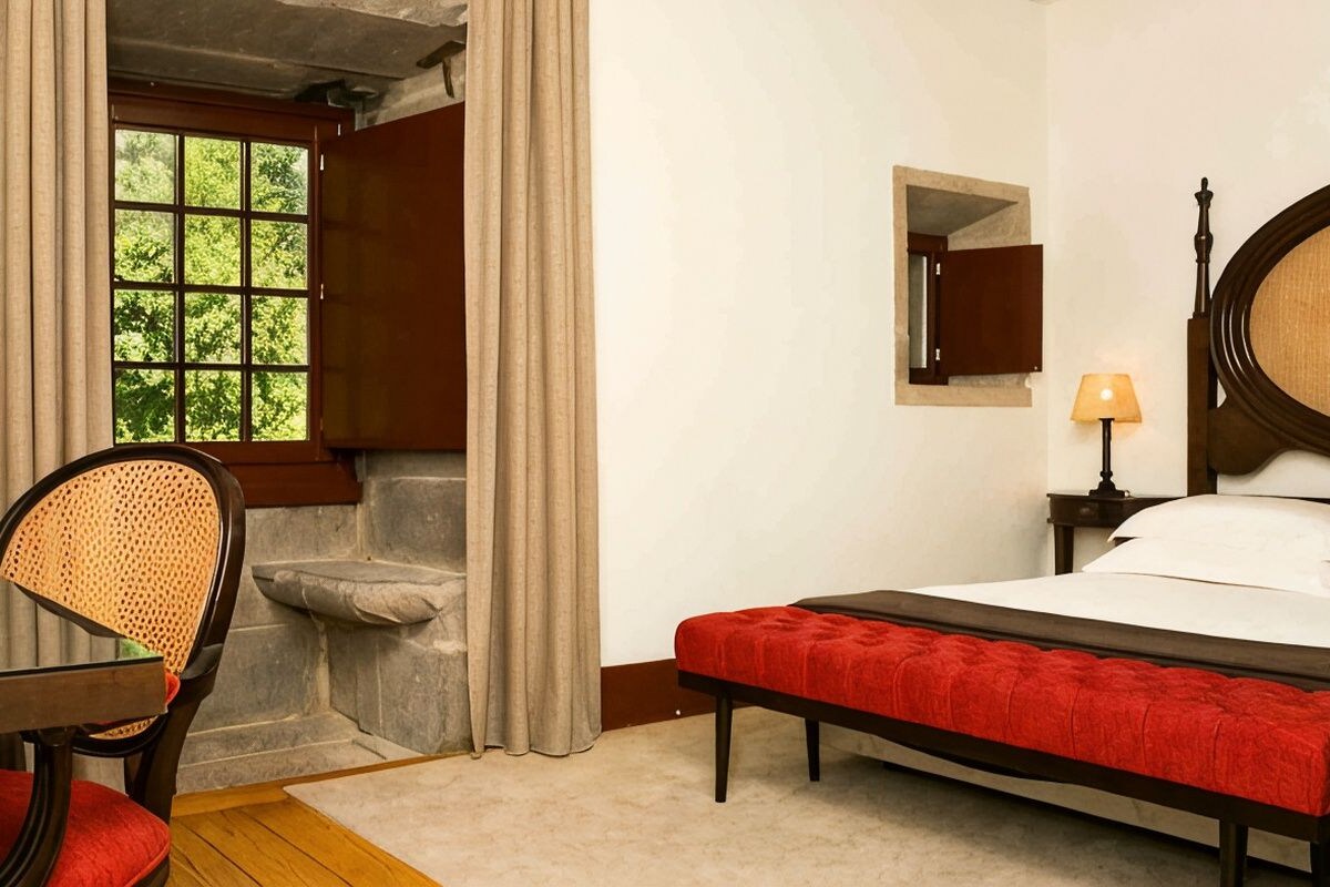 A hotel room with a bed, a bedside table, a chair, a window with curtains, and a small bathroom.