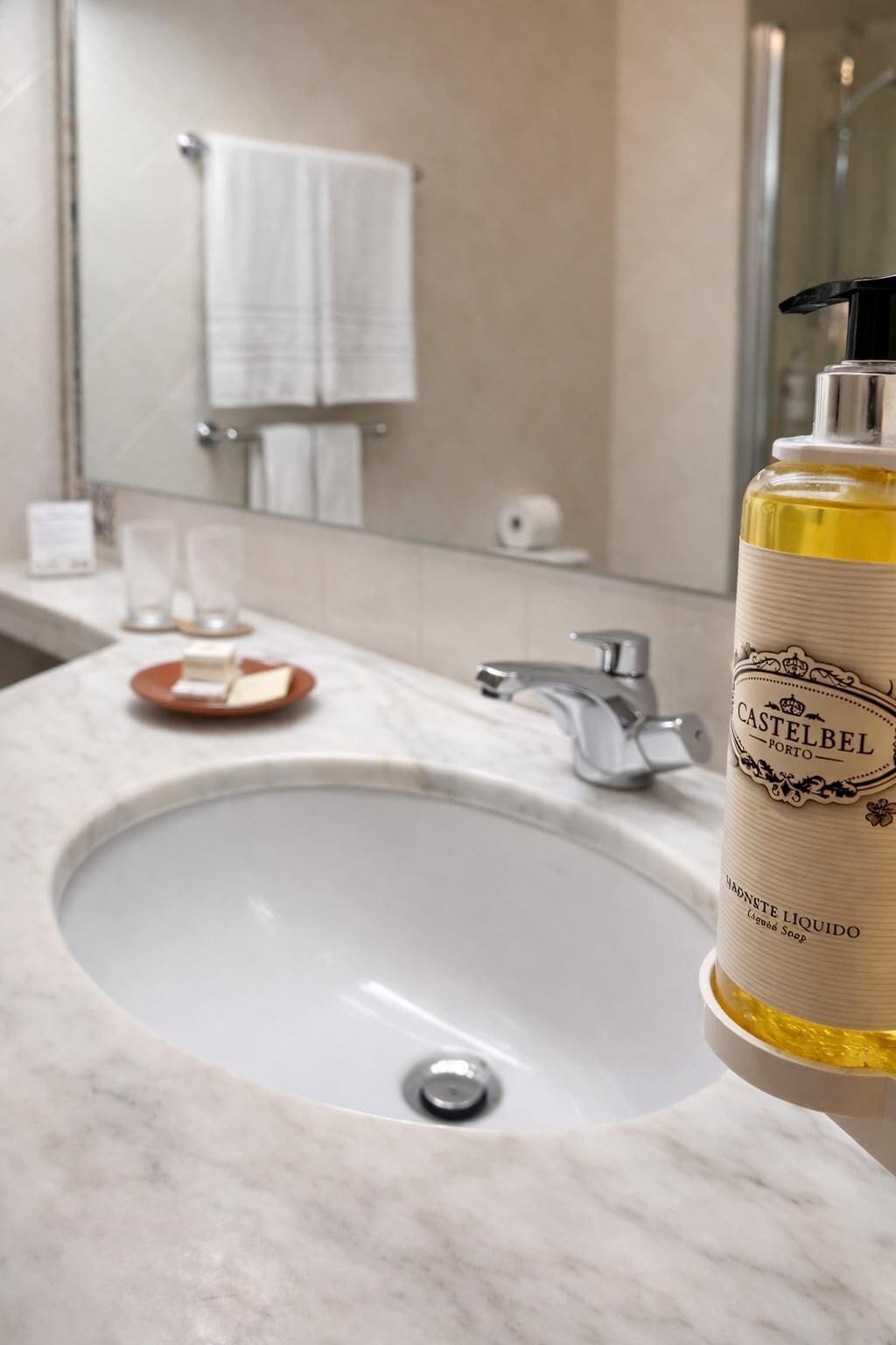 A bathroom with a white sink, a mirror, a towel rack, and a bottle of Castelbel Porto soap.