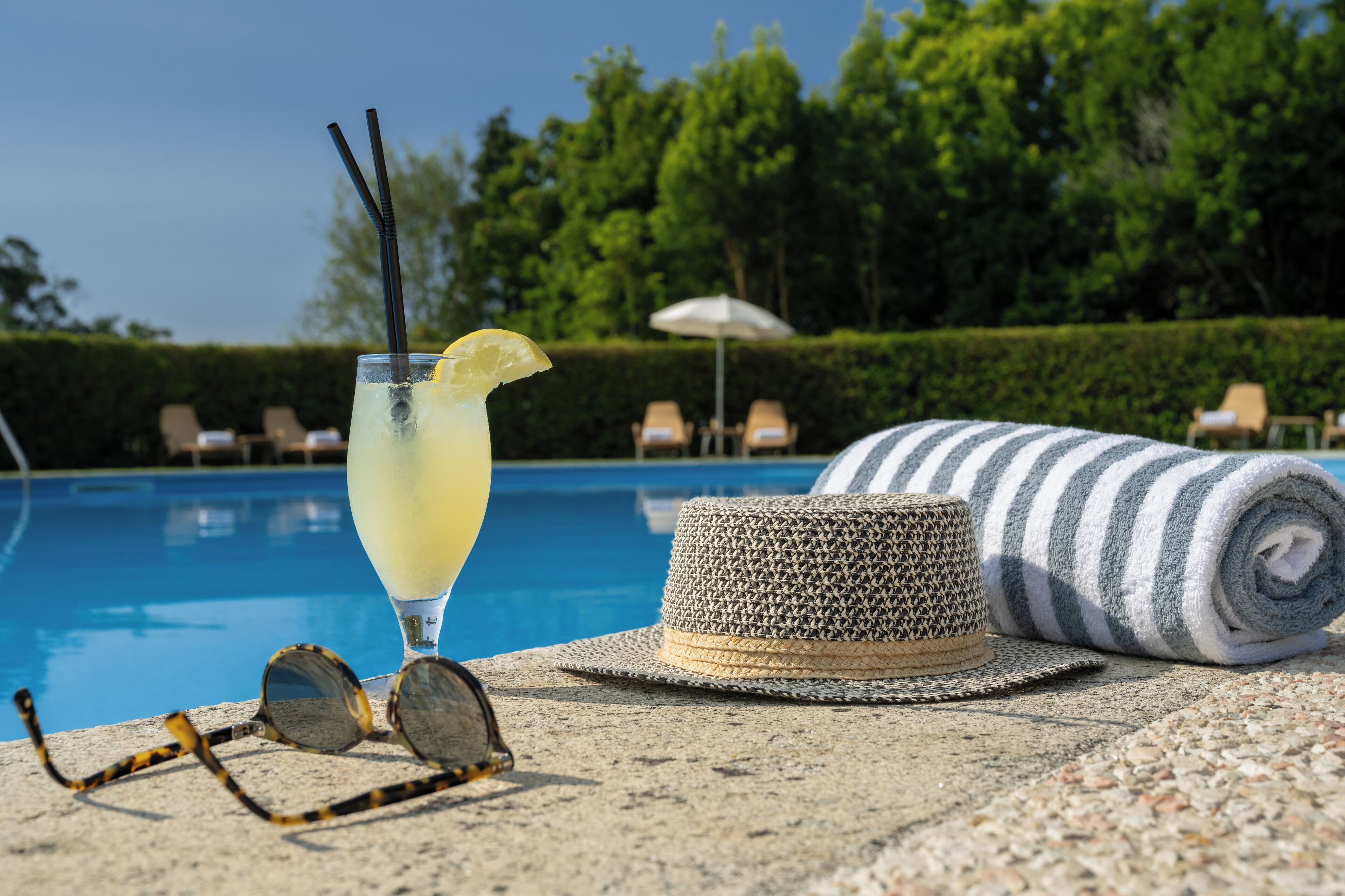 outdoor pool, pool loungers