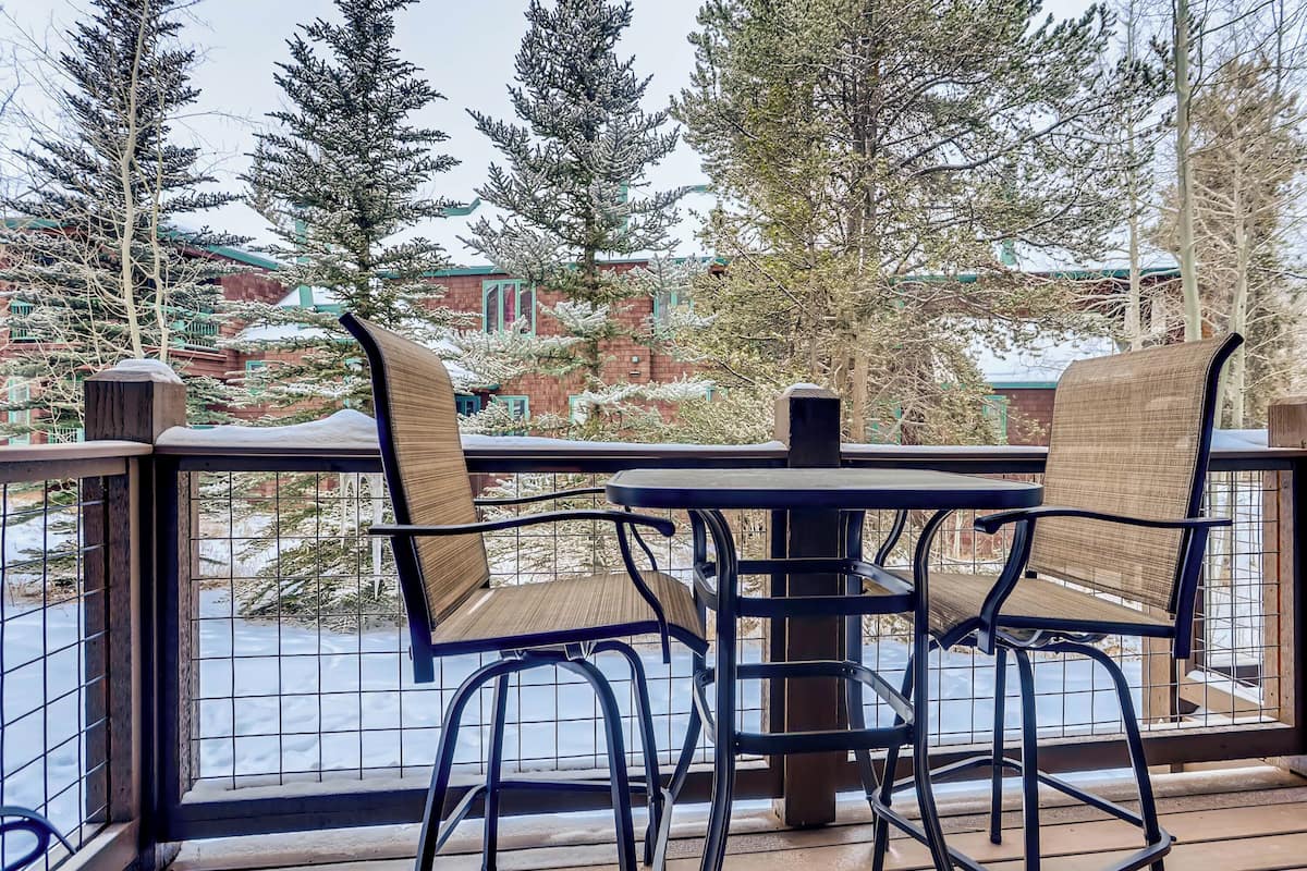 An outdoor patio with a table and chairs, surrounded by a metal fence, overlooking a snowy landscape with trees and buildings.