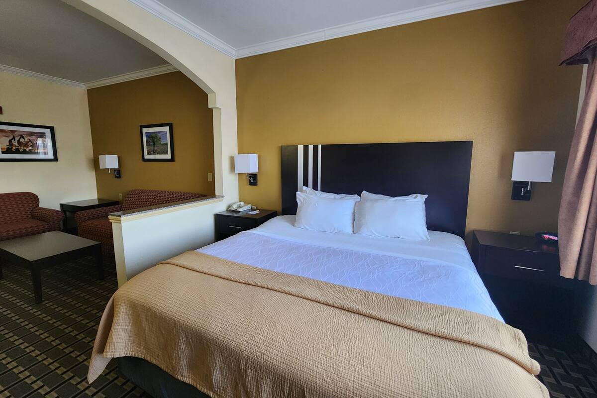 A hotel room with a large bed, two bedside tables, a desk, and a chair.