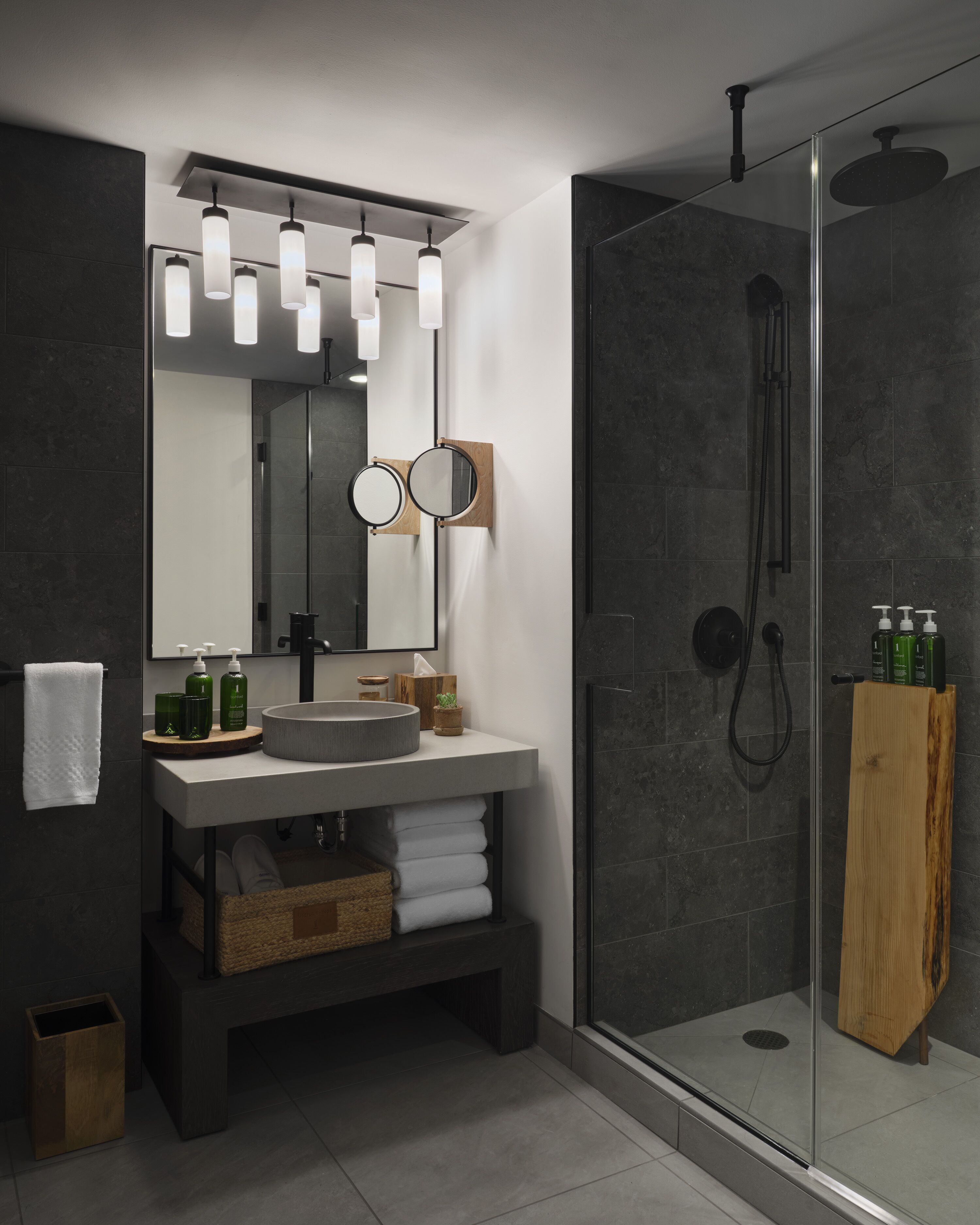 designer toiletries, hair dryer, bathrobes, slippers