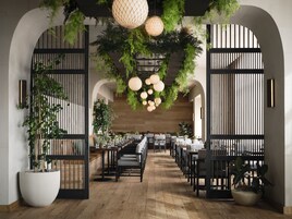 Se sirven desayunos y almuerzos, restaurante con mesas al aire libre 