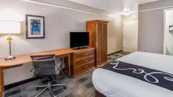 A hotel room with a bed, a desk with a chair, a television, a wardrobe, and a framed picture on the wall.