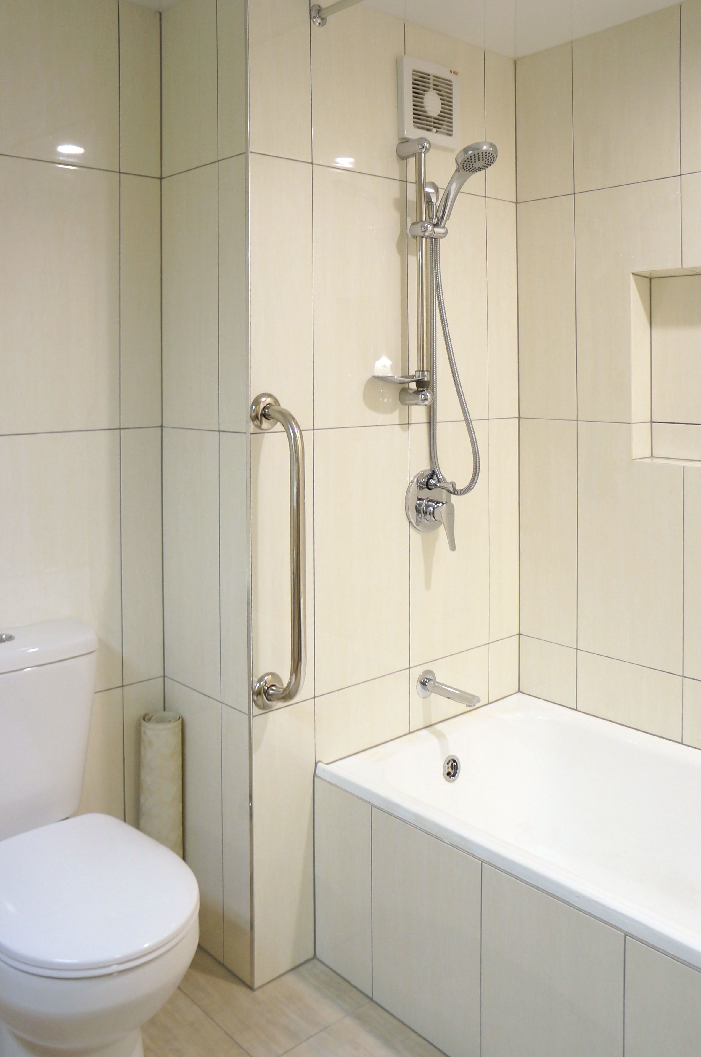A modern bathroom with a toilet, a shower with a handheld showerhead, and a bathtub.