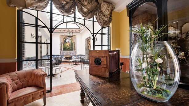 A room with a large window, a wooden table, a glass terrarium, and a brown sofa. - Best Western Ai Cavalieri Hotel (Palermo)