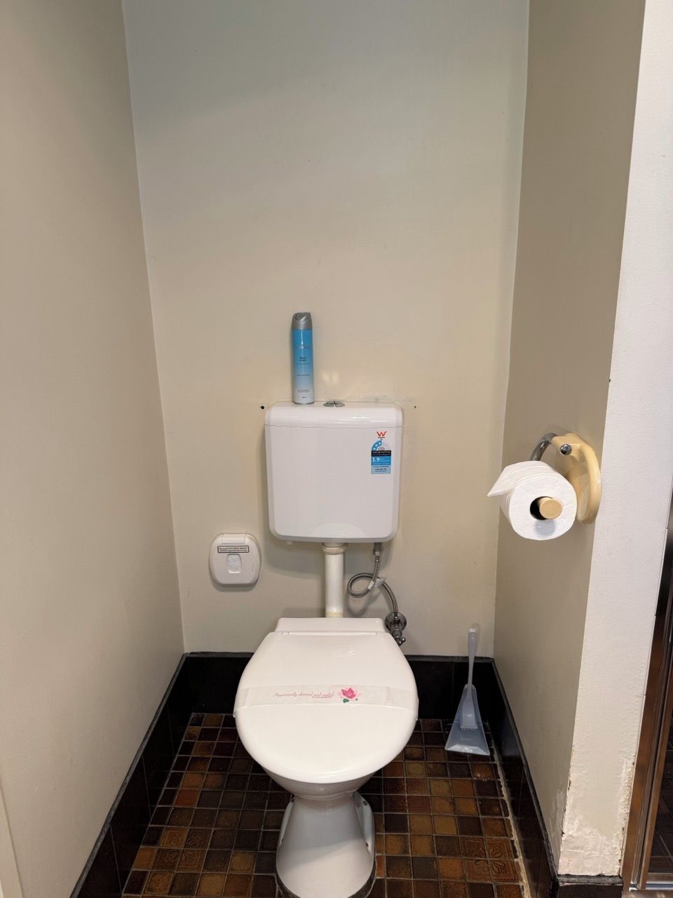 A standard white toilet with a blue bottle on top, a toilet paper holder, and a bidet spray.