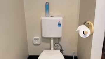 A standard white toilet with a blue bottle on top, a toilet paper holder, and a bidet spray.