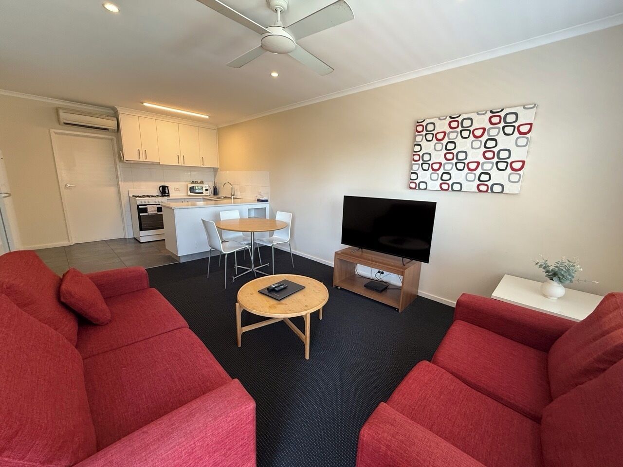 42-inch flat-screen TV with digital channels, TV, DVD player