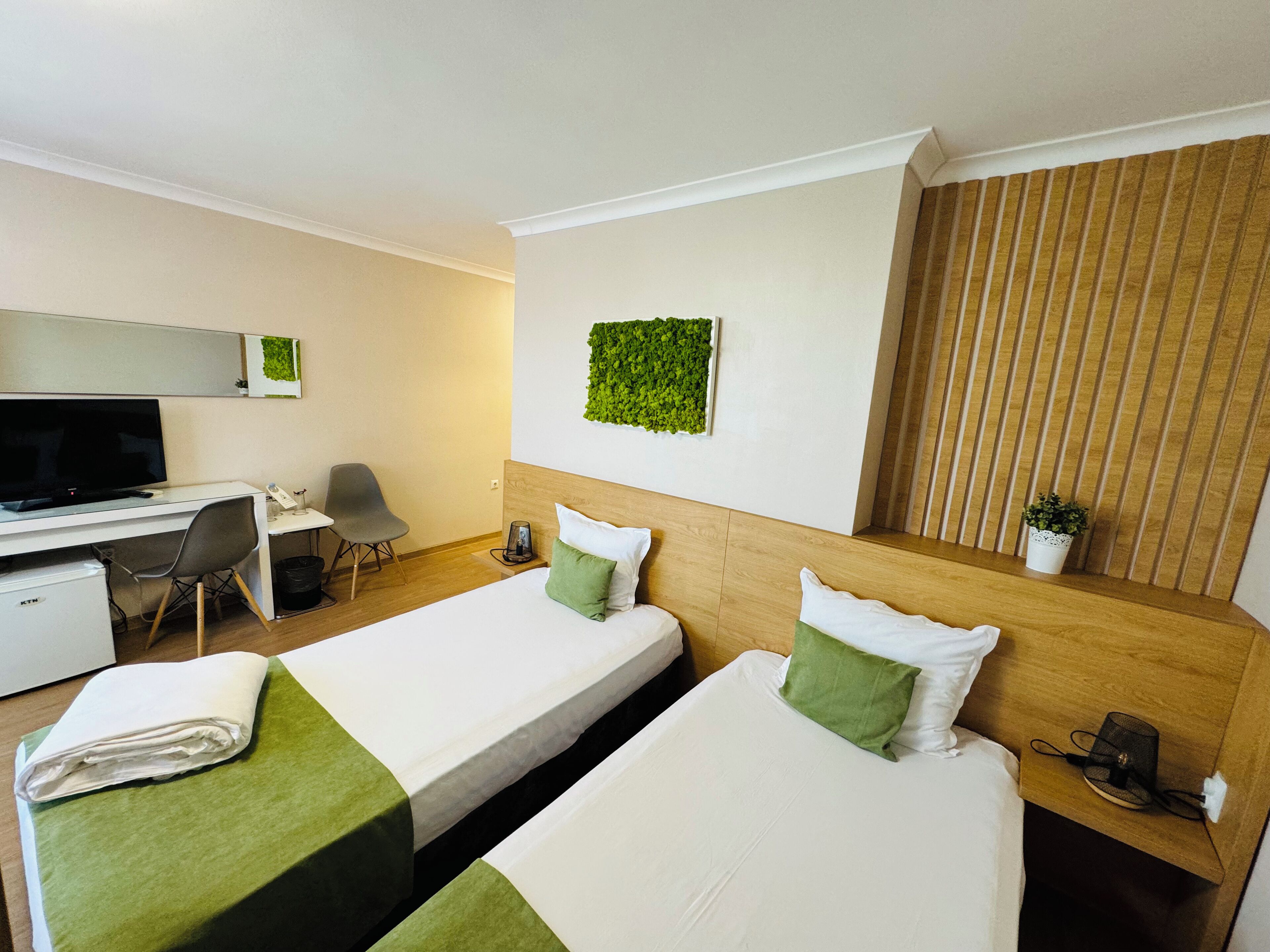 Habitació d'hotel amb dos llits, una taula de treball, un televisor i una decoració mural verda.