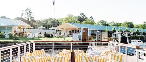 Seasonal outdoor pool, pool loungers