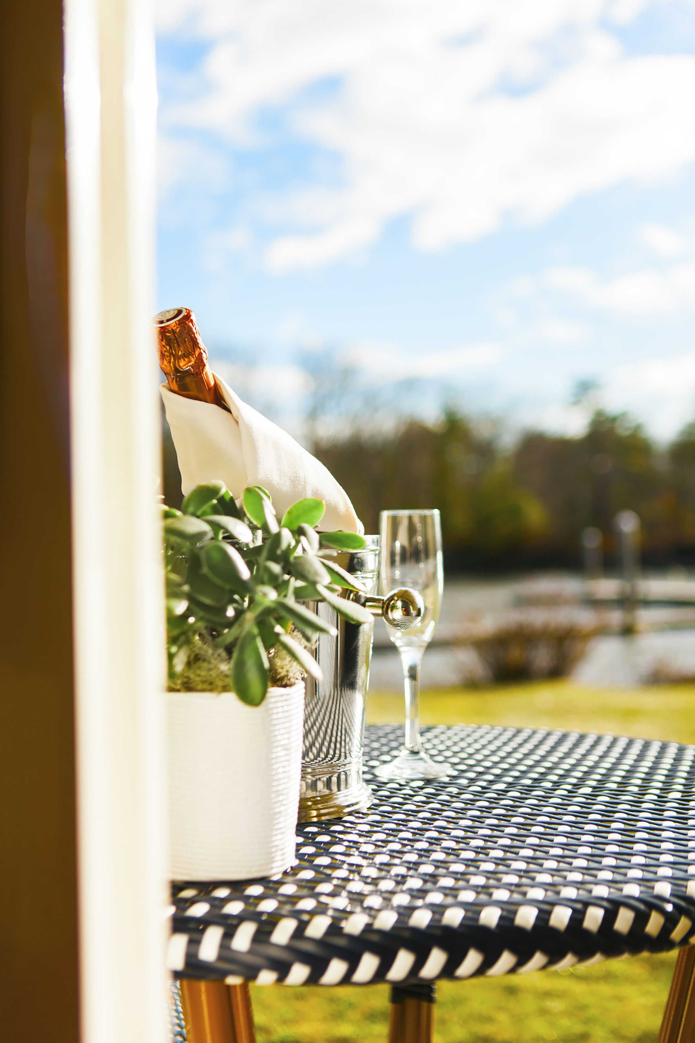 A table with a glass of water, a bottle, and a potted plant.