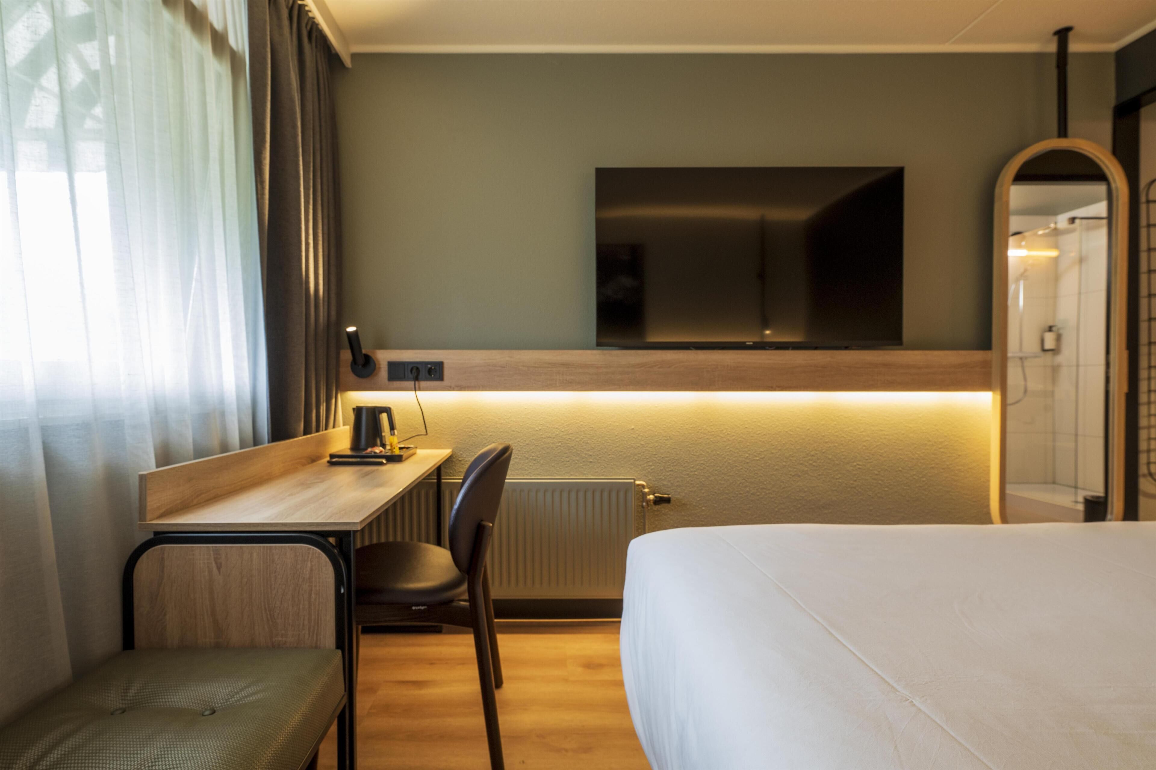A hotel room with a bed, a desk with a chair, a television, and a mirror.