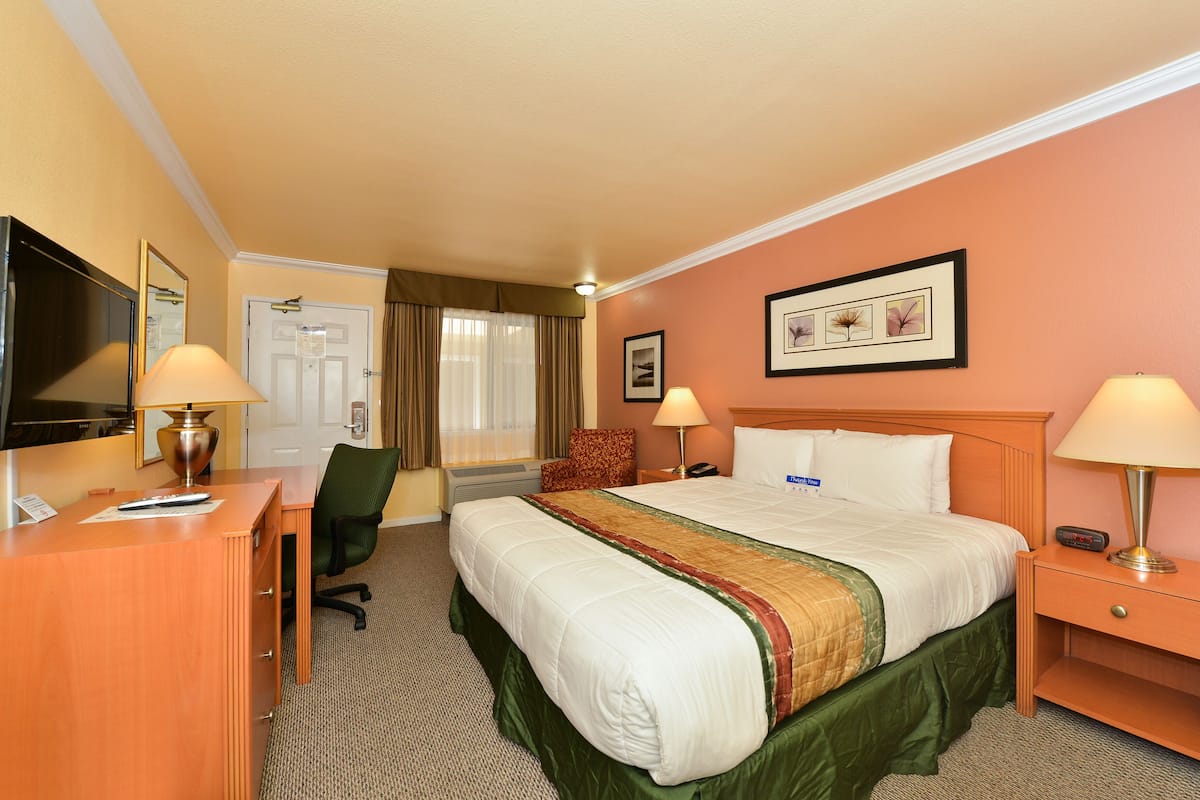 A hotel room with a large bed, a desk with a lamp, a chair, a television, and a framed picture on the wall.