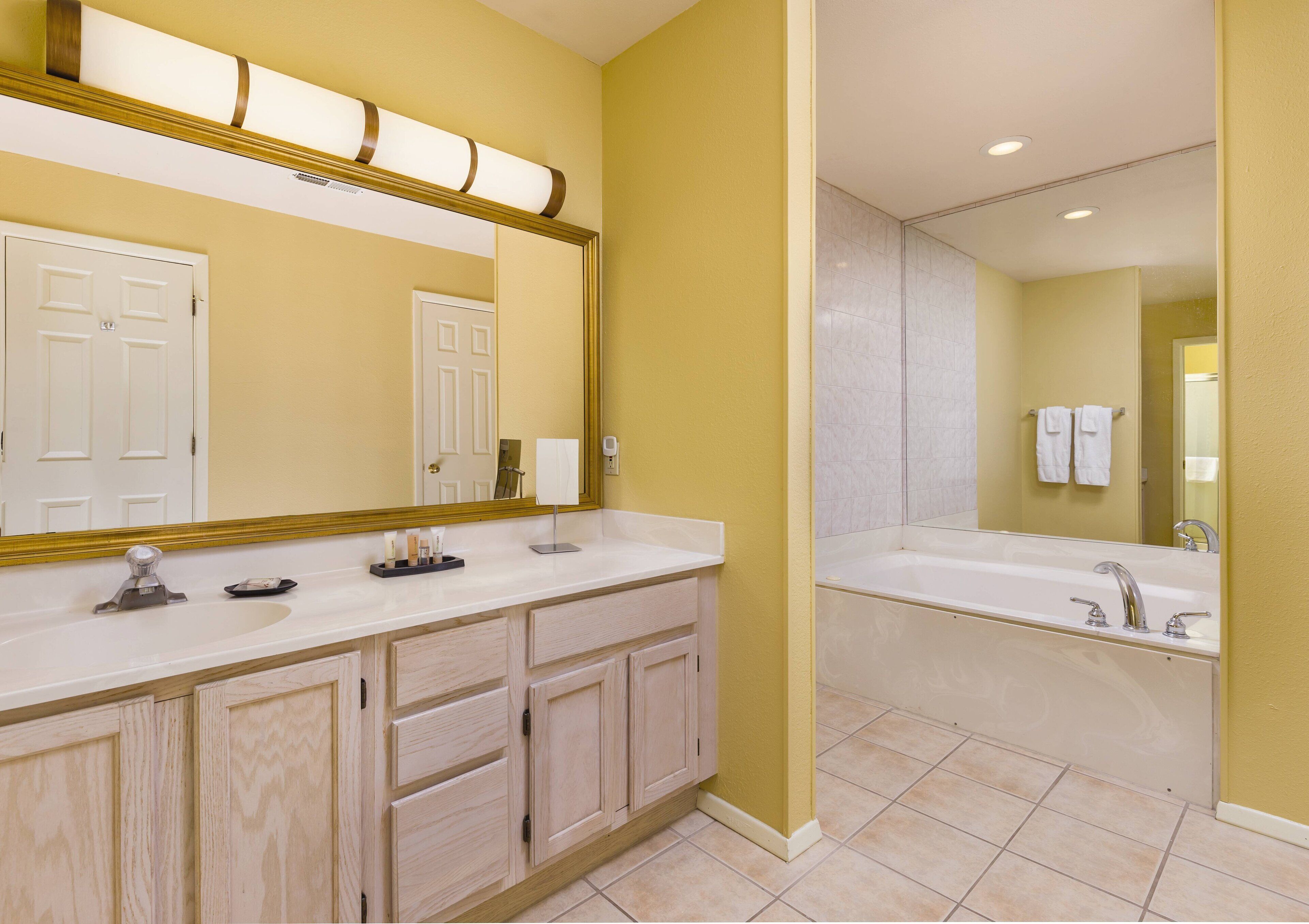 A bathroom with a double sink vanity, a large mirror, and a bathtub.
