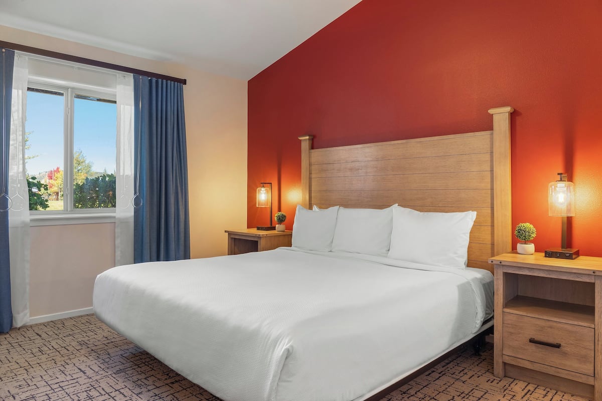 A hotel room with a large bed, wooden headboard, two bedside tables with lamps, a small potted plant, and a window with curtains.