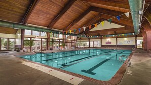 Una piscina interior con carriles claramente marcados, techo de madera y vistas al exterior a través de amplios ventanales.