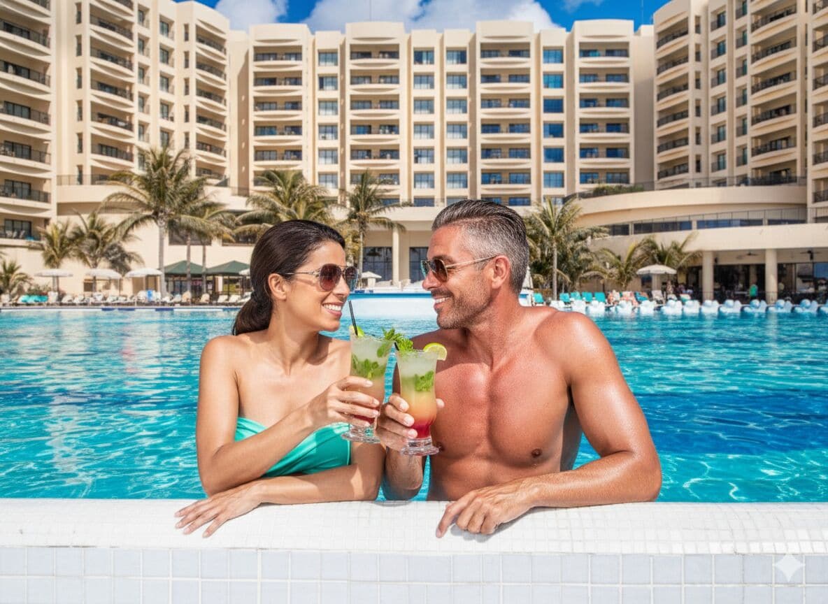 Un couple dans une piscine, avec un hôtel en arrière-plan.