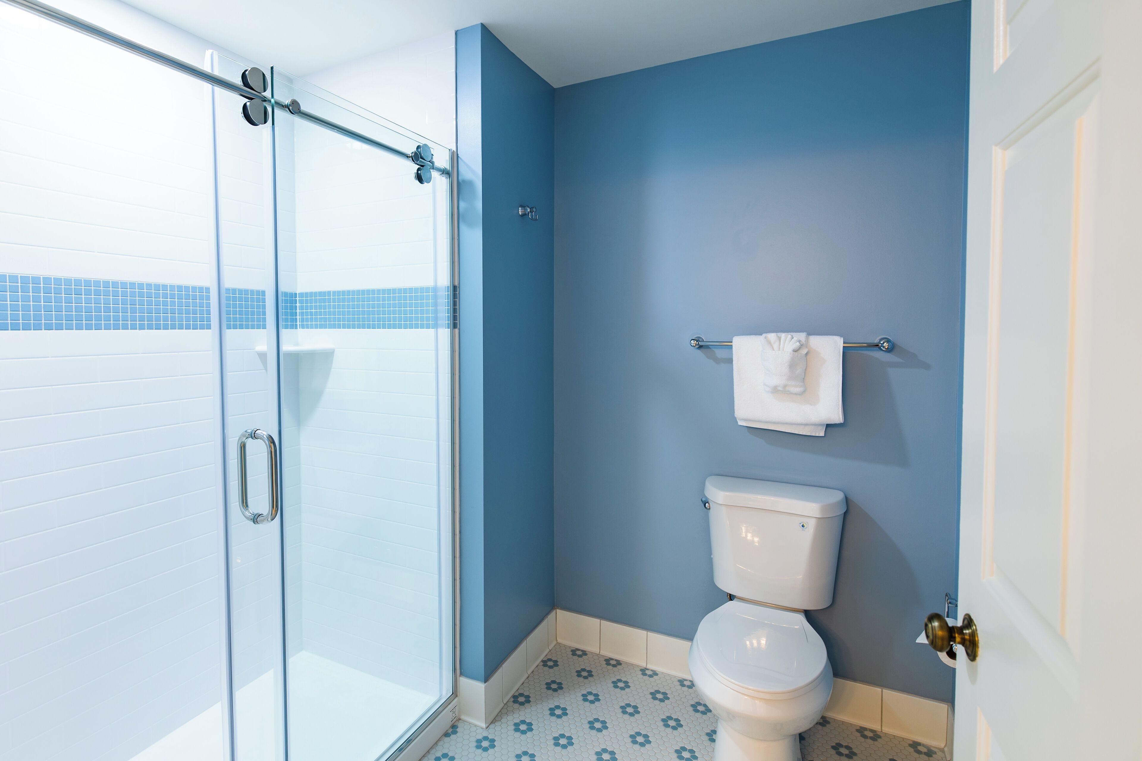 A bathroom with a glass shower enclosure, a white toilet, and a towel rack.