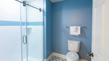 A bathroom with a glass shower enclosure, a white toilet, and a towel rack.