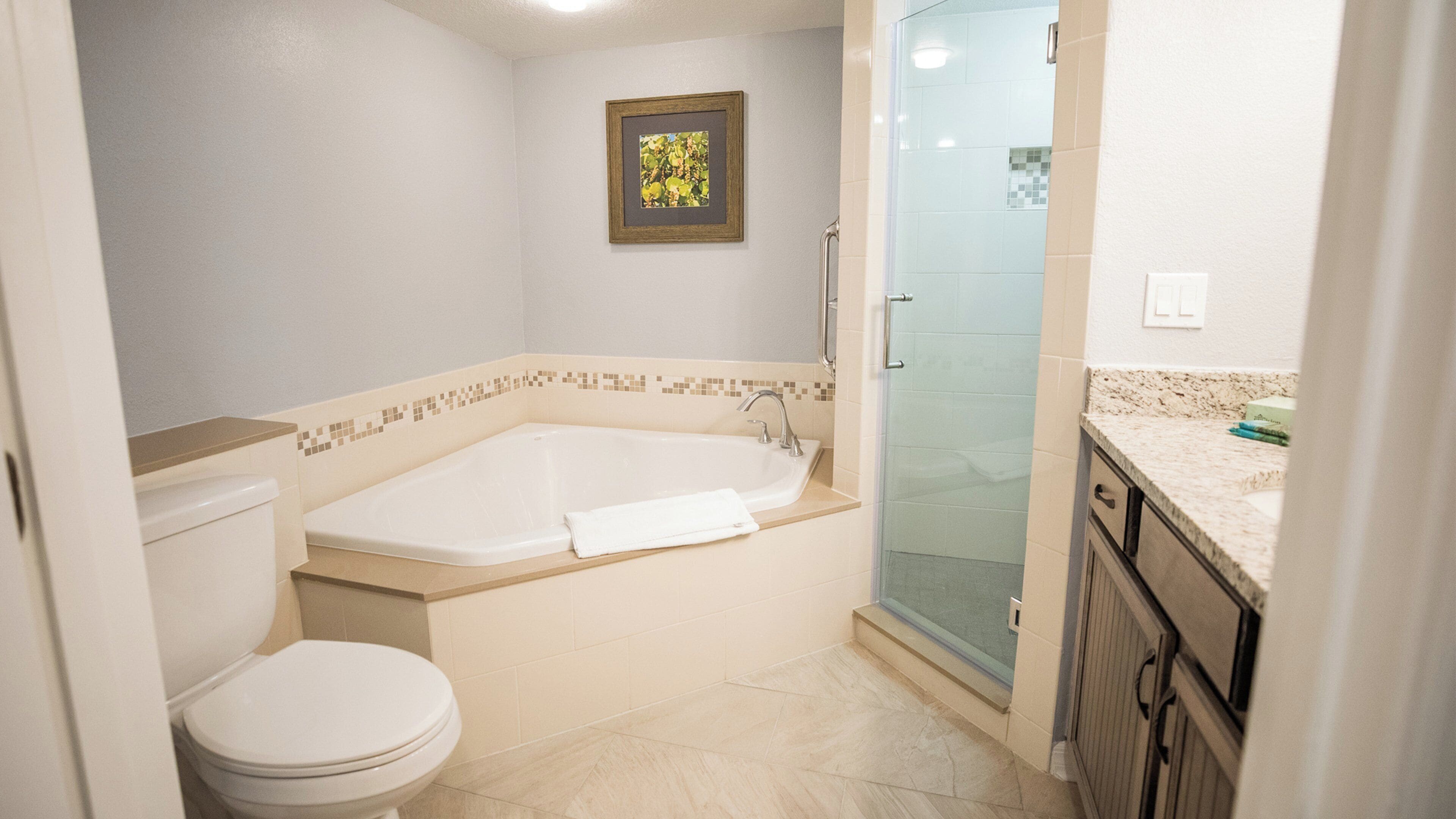 Ein Badezimmer mit Badewanne, Toilette und Duschbereich.