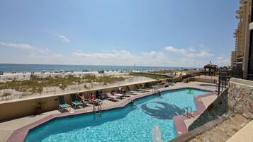 Indoor pool, outdoor pool, pool umbrellas