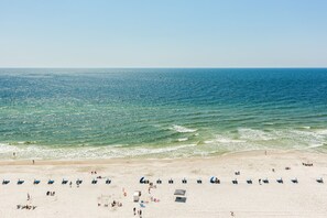 A beach with rows of blue beach chairs and umbrellas, a sandy shore, and the ocean in the background. - Phoenix Condominiums by Wyndham Vacation Rentals (Orange Beach)