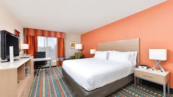 Desk, laptop workspace, blackout drapes, iron/ironing board