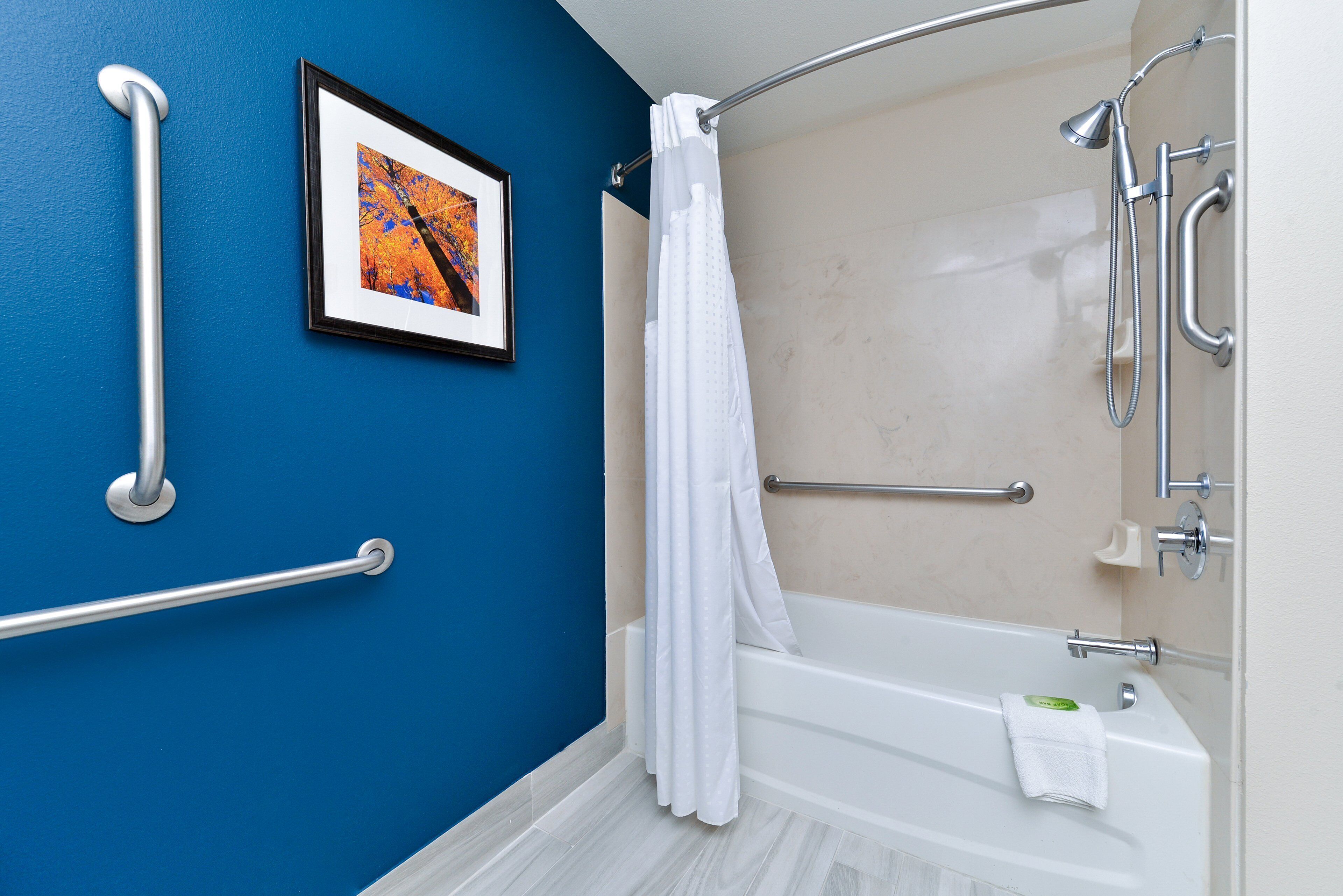 A bathroom with a bathtub, shower, and handrails.